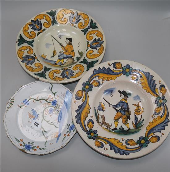 A Faience plate and two figurative dishes